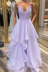 Shiny V Neck Purple Lace Long Evening Prom Dresses, Purple Lace Formal Evening Dresses, Purple Ball Gown