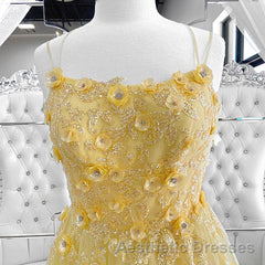 Shiny Yellow Lace Floral Evening Prom Dresses, Shiny Yellow Lace Floral Formal Evening Dresses