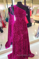 Purple Sequin One-Shoulder Backless A-Line Long Evening Prom Dresses