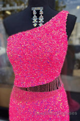 Fuchsia One Shoulder Sequins Tassels Cut-Out Long Evening Prom Dresses with Slit