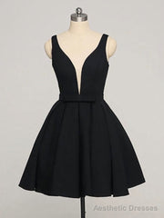 Short A Line V Neck Black Prom Dresses, Black V Neck Short Graduation Homecoming Dresses