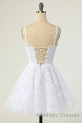 Short A-line V-neck Tulle Lace Backless Evening Prom Dresses white Homecoming Dresses