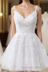 Short A-line V-neck Tulle Lace Backless Evening Prom Dresses white Homecoming Dresses