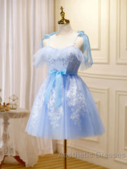 Short Blue Lace Evening Prom Dresses, Short Blue Lace Formal Graduation Dresses
