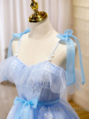 Short Blue Lace Evening Prom Dresses, Short Blue Lace Formal Graduation Dresses