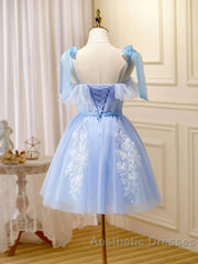 Short Blue Lace Evening Prom Dresses, Short Blue Lace Formal Graduation Dresses