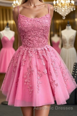 Short Pink Backless Lace Evening Prom Dresses, Short Pink Open Back Formal Homecoming Dresses
