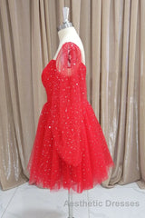 Short Red Long Sleeves Tulle Evening Prom Dresses, Short Red Long Sleeves Formal Homecoming Dresses