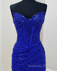 Short Royal Blue Tight Beaded Dresses
