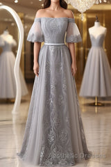 Short Sleeves Grey Lace Long Evening Prom Dresses, Short Sleeves Gray Lace Long Formal Evening Dresses