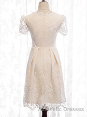 Short Sleeves Short Champagne Lace Evening Prom Dresses, Short Champagne Lace Formal Wedding Dresses