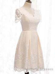 Short Sleeves Short Champagne Lace Evening Prom Dresses, Short Champagne Lace Formal Wedding Dresses