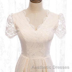 Short Sleeves Short Champagne Lace Evening Prom Dresses, Short Champagne Lace Formal Wedding Dresses