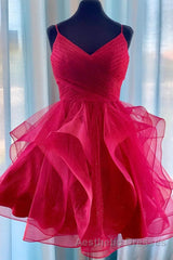 Short V Neck Puffy Evening Prom Dresses, Short V Neck Formal Homecoming Dresses