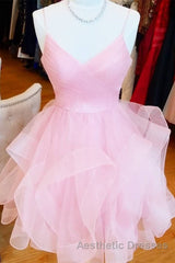 Short V Neck Puffy Evening Prom Dresses, Short V Neck Formal Homecoming Dresses