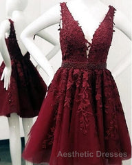 Short V-neck Tulle Evening Prom Homecoming Dresses Lace Embroidery
