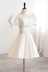 Short White Beaded Evening Prom Dresses, Short White Beaded Formal Homecoming Dresses
