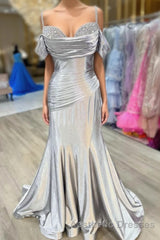 Silver Cold Sleeves Beaded Ruched Mermaid Evening Prom Dresses