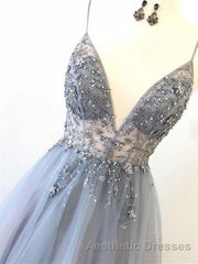 Silver Grey V Neck Floor Length Long Beaded Evening Prom Dresses, Grey Long Beaded Formal Evening Dresses