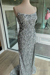 Sparkle Tiffany Blue Sequins Long Evening Prom Dresses with Slit