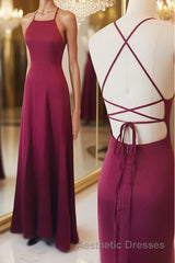 Simple A Line Backless Burgundy Satin Long Evening Prom Dresses, Burgundy Formal Dresses, Burgundy Evening Dresses