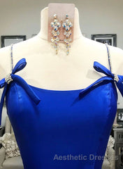 Simple A Line Royal Blue Satin Long Evening Prom Dresses, Royal Blue Formal Dresses, Cheap Royal Blue Evening Dresses