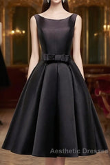Simple  A-Line Satin Black Short Evening Prom Dresses, Black Homecoming Dresses