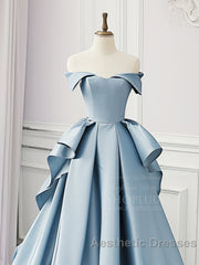 Simple A-Line Satin Blue Long Evening Prom Dresses, Blue Satin Long Formal Dresses