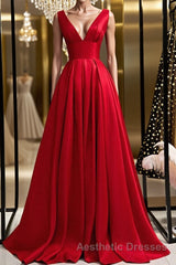 Simple A Line V Neck and V Back Red Satin Long Evening Prom Dresses, Cheap V Neck Red Formal Graduation Evening Dresses