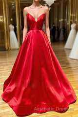 Simple A Line V Neck Backless Red Long Evening Prom Dresses, Backless Red Fromal Dresses, Red Evening Dresses