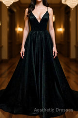 Simple A Line V Neck Black Satin Long Evening Prom Dresses, Black Formal Dresses, Evening Dresses 2019