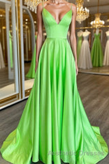 Simple A Line V Neck Green Satin Long Evening Prom Dresses, V Neck Green Formal Graduation Evening Dresses