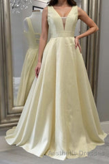 Simple A Line V Neck Open Back Yellow Long Evening Prom Dresses, Yellow Formal Evening Dresses