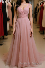 Simple A Line V Neck Pink Tulle Long Evening Prom Dresses Bridesmaid Dresses, V Neck Pink Formal Dresses, Pink Evening Dresses