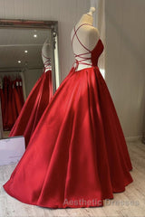 Simple Backless Red Satin Long Evening Prom Dresses, Backless Red Formal Dresses, Red Evening Dresses