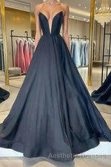 Simple black satin long Evening Prom Dresses, black evening Dresses