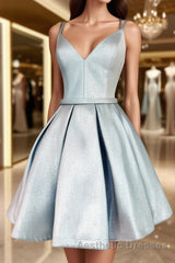 Simple blue v neck satin short Evening Prom Dresses, blue homecoming Dresses