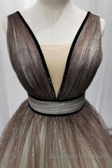 Simple Coffee tulle sequin long Evening Prom Dresses coffee evening Dresses