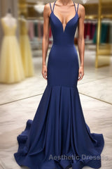 Simple dark blue satin long Evening Prom Dresses blue evening Dresses