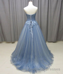Simple gray blue tulle lace applique long Evening Prom Dresses, tulle evening Dresses