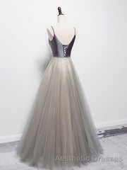 Simple gray v neck tulle long Evening Prom Dresses, gray tulle formal Dresses