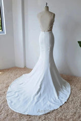 Simple Italian Noodle Strap Satin Mermaid Modern Floor Mopping Wedding Dresses