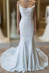 Simple Italian Noodle Strap Satin Mermaid Modern Floor Mopping Wedding Dresses