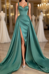 Simple Long A-Line Sweetheart Satin Evening Prom Dresses With Slit