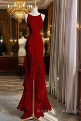 Simple Mermaid Red Chiffon Long Evening Prom Dresses