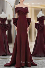 Simple Mermaid Satin Burgundy Long Evening Prom Dresses, Burgundy Long Formal Dresses