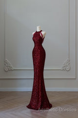 Simple Mermaid Scoop Neckline Burgundy Sequin Long Party Dresses Evening Prom Dresses