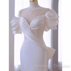 Simple Mermaid Scoop Neckline Satin White Long Wedding Dresses