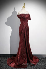 Simple Off Shoulder Burgundy Long Evening Prom Dresses, Burgundy Long Formal Dresses