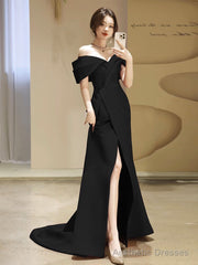 Simple Off Shoulder Satin Mermaid Black Long Prom Dress, Black Long Formal Dress